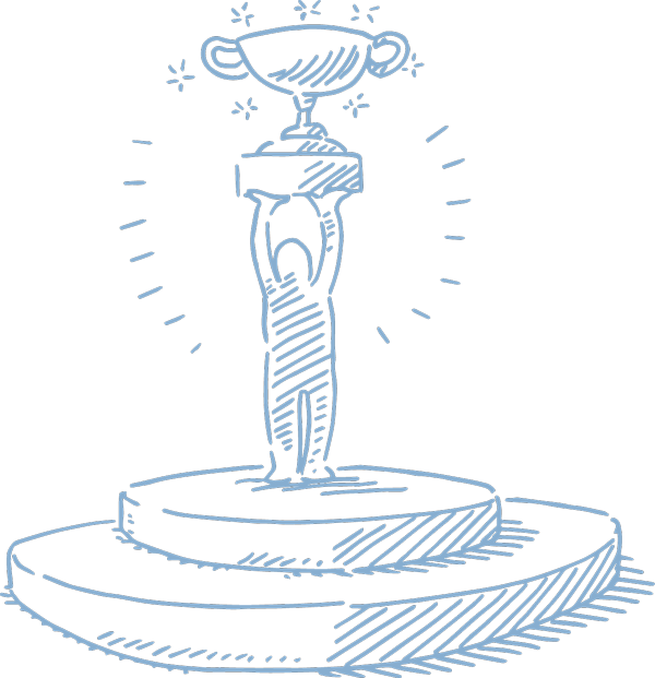 blue sketch of a person on a pedestal holding up a trophy