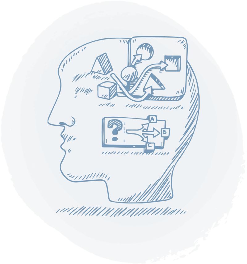 sketch of a person's head that is computing many thoughts